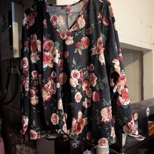 Ragdoll Red and Black Floral Relaxed Long Sleeve Blouse